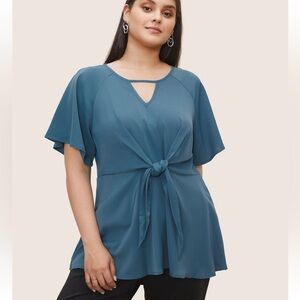 BloomChic Plus Size Plain Keyhole Knotted Front Ruffle Sleeve Blouse